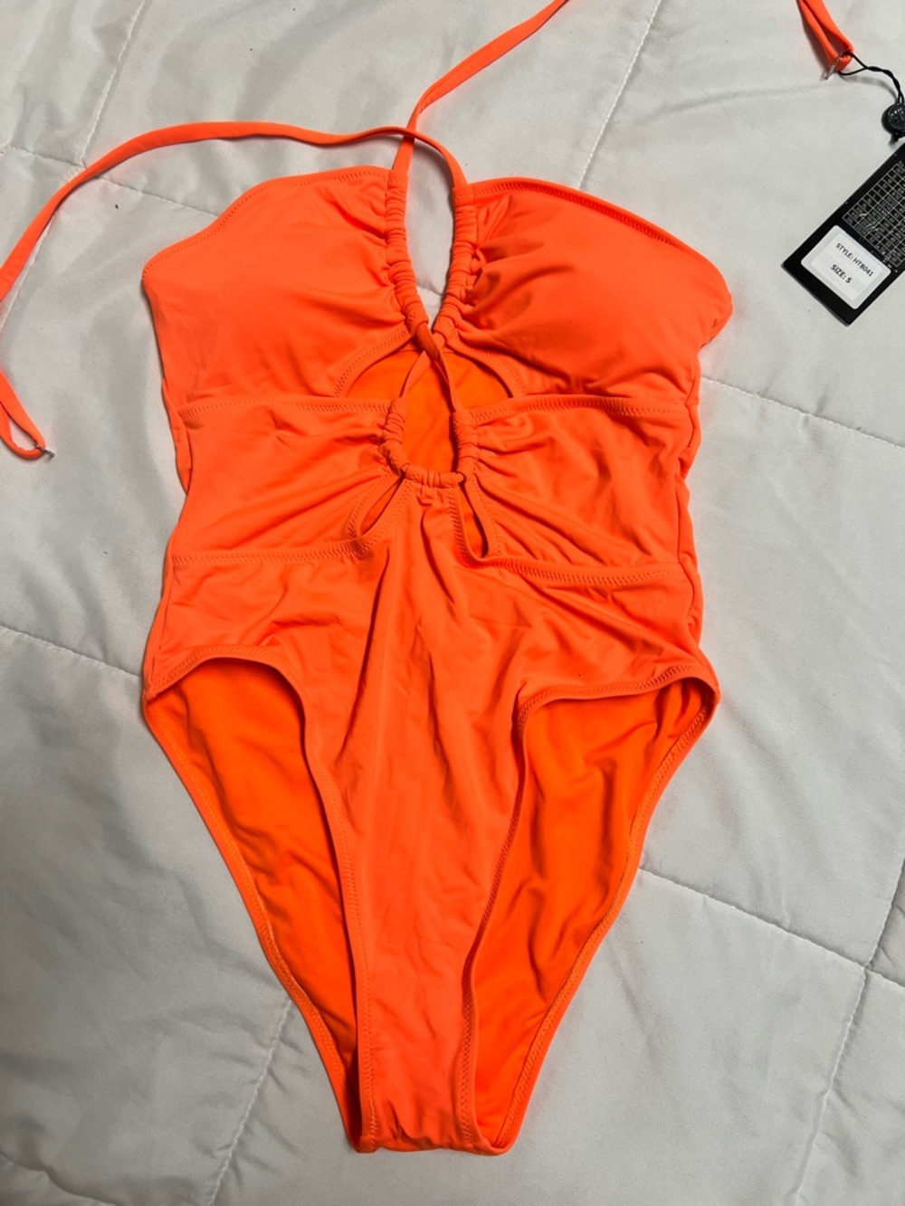 Fashion Nova Neon Orange One-Piece Swimsuit with Front Ring Detail